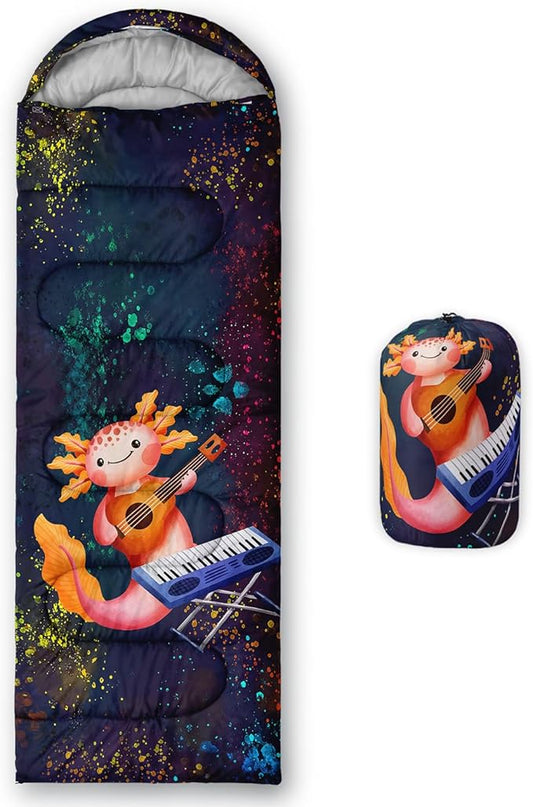 HOSIMA Cartoon Axolotl Sleeping Bags for Kids 10-12,Blue Cartoon Kids Sleeping Bags for Girls Boys,Compact Sleeping Bag for Camping Essentials and Hiking.