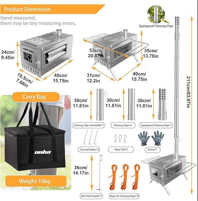 Hot Tent Stove, unho Wood Burning Stove, Portable Wood Stove with 6 Stainless Chimney Pipes for Outdoor Heating & Cooking, Ice Fishing, Hunting,Winter Warmth
