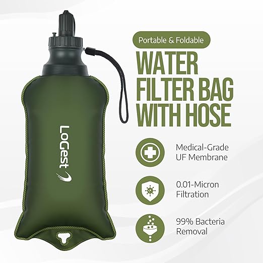 LoGest Portable Foldable Water Filter Bag with Hose - Portable Personal Water Filtration Survival - for Emergency Kits Outdoor Activities and Hiking - Water Filter Camping Travel Survival Backpacking