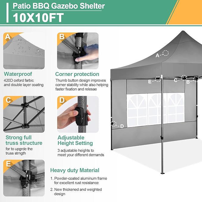 COBIZI 10x10 Pop Up Canopy Tent with 4 sidewalls Commercial Heavy Duty Canopy UPF 50+ All Weather Waterproof Outdoor Canopy Wedding Tents for Parties Gazebo with Roller Bag, Grey (Windproof Upgraded)
