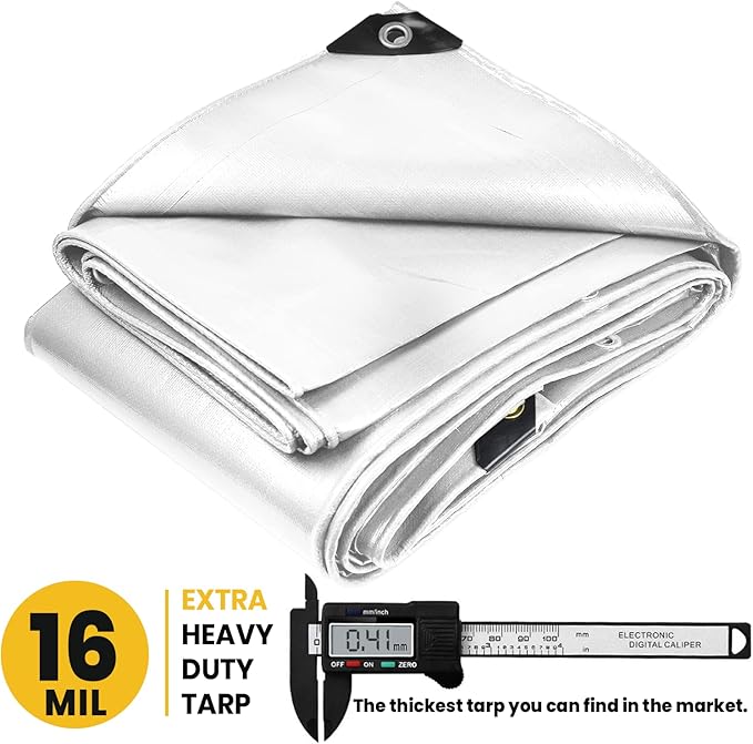 PROTARP Extra Heavy Duty 16 Mil Tarp Cover, Waterproof, UV Resistant, Rip and Tear Proof, Poly Tarpaulin with Reinforced Edges for Roof, Camping, Patio, Pool, Boat. (White 10′ X 20′)