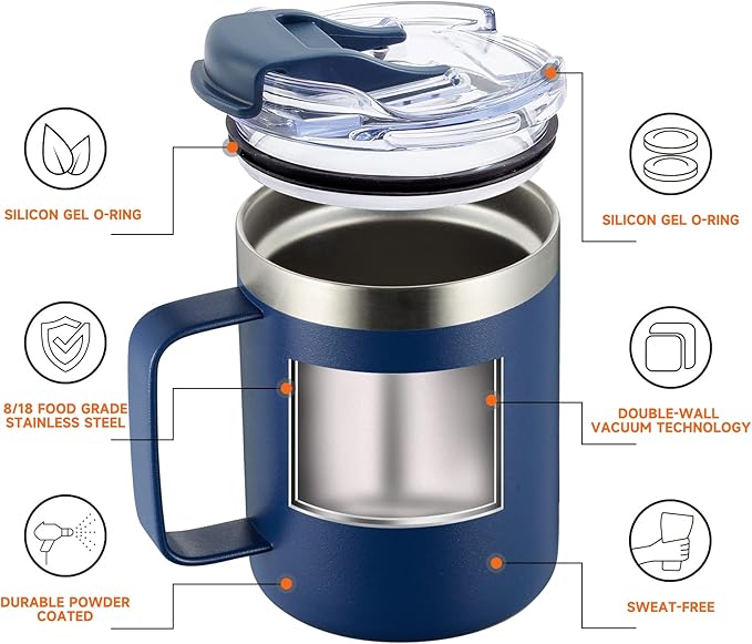 ALOUFEA 12oz Insulated Coffee Mug Cup with Handle, Stainless Steel Travel Coffee Mug with Flip Lid, Double Wall Vacuum Coffee Tumbler,Ocean Teal
