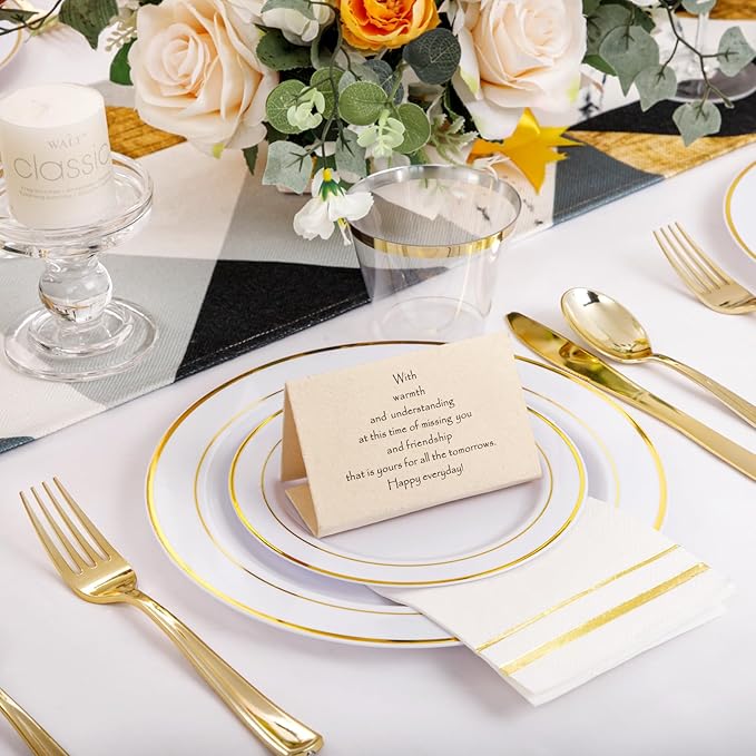 NOCCUR 700PCS Gold Plastic Plates - Gold Disposable Dinnerware Set for 100 - Include 200 Dinner/Dessert Plates,300 Cutlery,100Cups,100Napkins, Idea for Wedding&Party