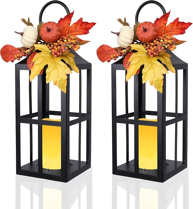 Bdor 2 Pack Fall Lantern Decor with LED Candle – 17.7 Inch Harvest Pumpkin Maple Leaf Hanging Lantern for Autumn Thanksgiving Table Centerpiece Indoor Outdoor Decoration, Battery Operated