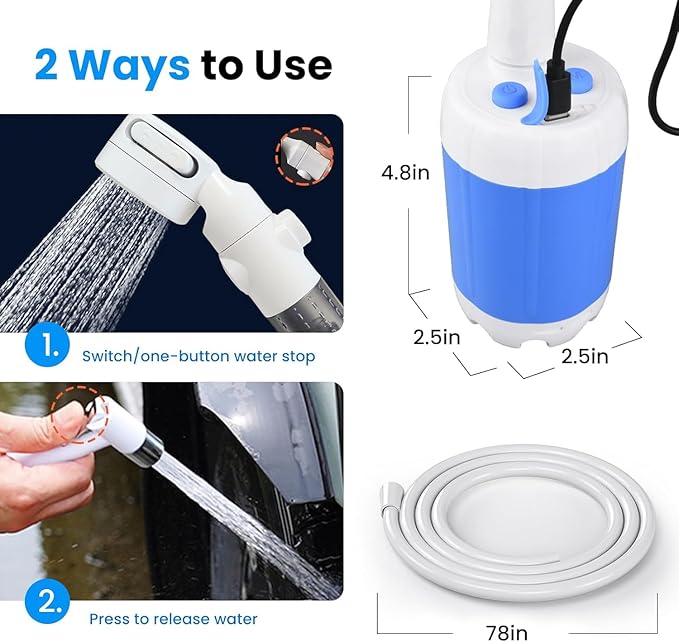 Portable Camping Shower,Rechargeable Outdoor Shower Kit with Foldable Bucket & Handheld Spray,Lightweight Travel Shower for Camping,Hiking,Beach,Car Washing,Pets & Emergency Use