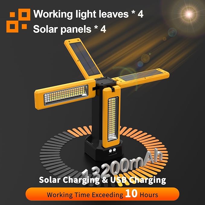 13200mAh Rechargeable Solar Work Light, IPX4 Waterproof with Folding Stand Support and Portable Carrying Bag, 8000 Lumen Stepless Dimmable, 4 Lighting Modes, White/Warm/Warm White (No Tripod)
