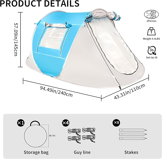 TENPLAY Pop Up Tent,2 People,190T Polyester,Waterproof2000mm,PU Coating,Automatic Setup,2Door,UV Protection,Lightweight,Portable Tent for Hiking,Picnic,Camping