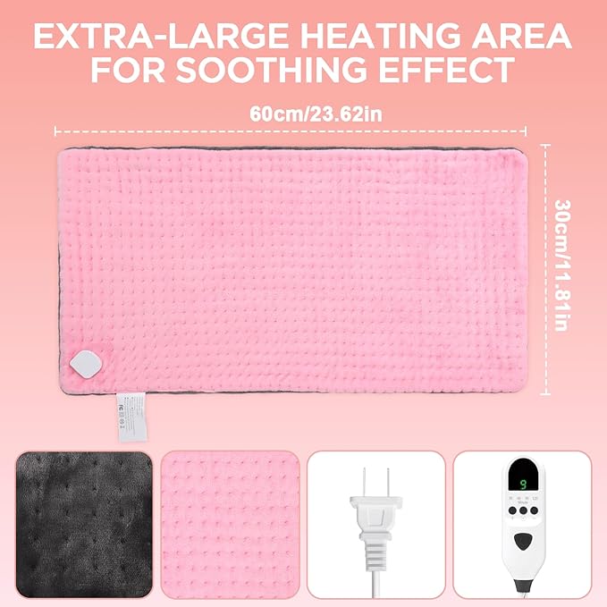 Heating Pad for Back & Period Cramps Relief, Electric Heat Pad for Neck and Shoulder, 9 Adjustable Heat, Machine Washable,Birthday Christmas Gifts for Women Men Mom Dad (Pink+Grey, 12" x 24")
