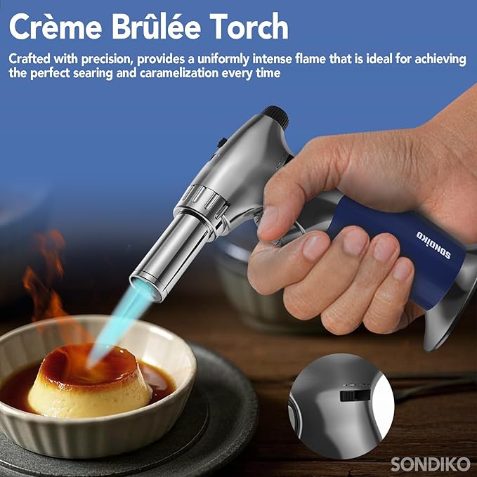 Sondiko Butane Dual Adjustable Flame Size Butane Torch Lighter, Mini Blow Torch, Refillable kitchen Torch with Continuous Flame Lock for Creme Brulee, Cooking (Butane Gas Is Not Included)