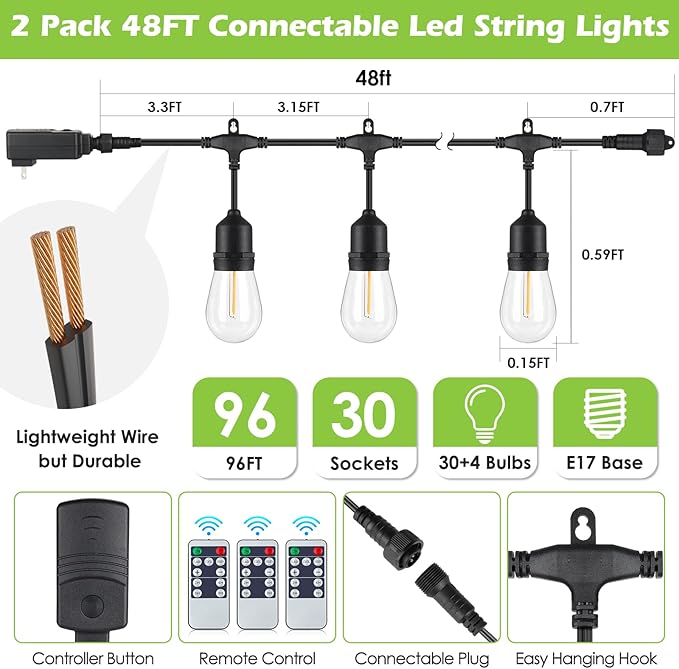 96FT(2 * 48FT) Outdoor String Lights with Remote, Dimmable Patio Lights with 30+4 Bulbs 3 Modes 4 Level Timers for Balcony Porch, Black 2 Pack