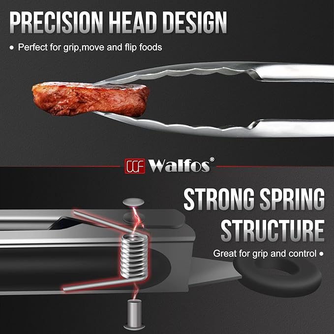 Walfos Kitchen Small Tongs - 7 inch Heavy Duty Mini Food Tongs, Stainless Steel and Non-Slip Heat Resistant Handle - Great for Cooking, Salad, Grilling and Barbecue,3 Piece