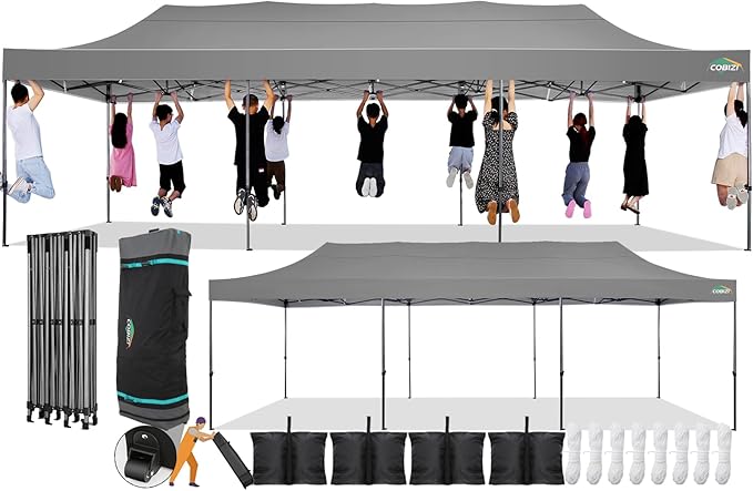 COBIZI 10x30 Pop Up Canopy Without Sidewall,Heavy Duty Canopy UPF 50+ All Season Wind Waterproof Commercial Outdoor Wedding Party Tents for Parties Canopy Gazebo with Roller Bag(10 x 30 ft Gray)