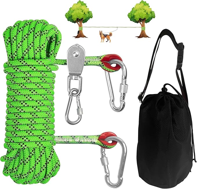 Dog Camping Essentials 50ft Portable Overhead Trolley System Pet Camping Leash for Dogs up to 200lbs Dog Runner for Yard