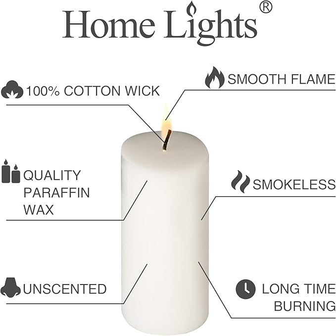 HomeLights Pillar Candles - 2.7x6 inch | 60 Hours Burning, 6 Count - White Unscented Smokeless European Pillar Candles - Perfect for Wedding, Parties, Spas, Home Gatherings and Dinner