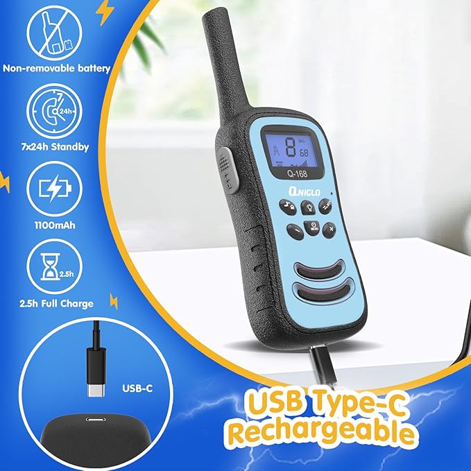 QNIGLO Walkie Talkies for Kids, Rechargeable Walkie Talkies, VOX,2 Way Radios with LED Flashlight, Perfect Outdoor Camping Toys with Lanyard for 3+ Years Old Boys Girls for Hiking Adventures( 4 Pack)