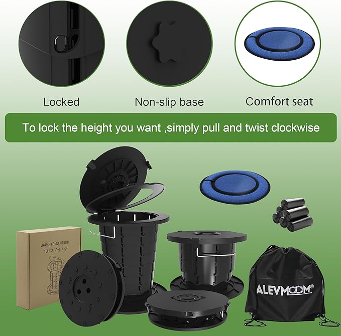 ALEVMOOM XXL Portable Toilet - 19.7" H Taller Wider Collapsible Foldable Camping Toilet with Lid, Strap, Bag - Adjustable for Camping, Hiking, Travel and Car