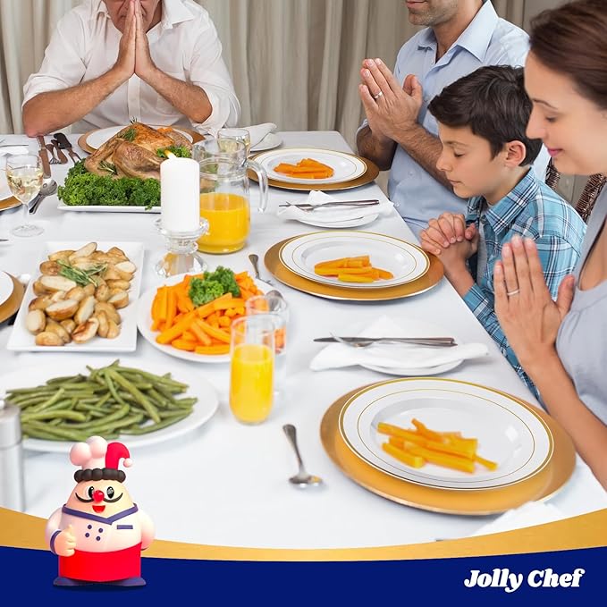 JOLLY CHEF 100 Pieces Gold Plastic Plates, 10 Inch Elegant Disposable Dinner White with Gold Rim, Disposable Plastic Plates for Dinner, Birthdays and Weddings
