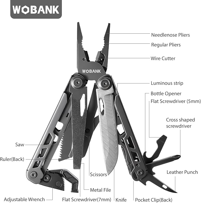 Multitool, 16-in-1 Stainless Steel Multi Tool Pliers with Adjustable Hex Wrench, Damascus Pocket Knife, Nylon Sheath for Survival, Camping and Hunting, Hiking, Simple Repair