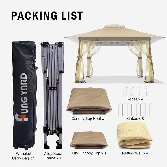 13x13 Outdoor Patio Gazebo with Mosquito Nettings - Double Roof Pop Up Canopy Tent with Wheeled Carry Bag, for Backyard Deck Lawns Garden (Beige, 13x13)