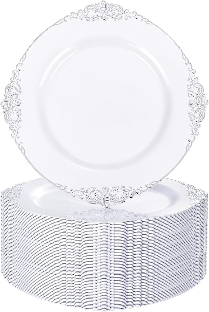 Nervure 100Pcs White and Silver Plastic Plates - 7.5 inch White Plastic Plates with Silver Rim - Disposable Dessert Plate for Wedding & Party