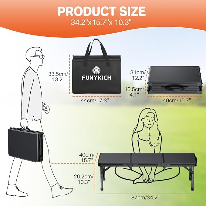 FUNYKICH 3ft Low Folding Picnic Table(34.2''x15.7''x10.3''), Thicker Aluminum Legs Beach Table with Handle & Carry Bag, Lightweight Small Camping Table for Picnic Beach Camping Party, Black