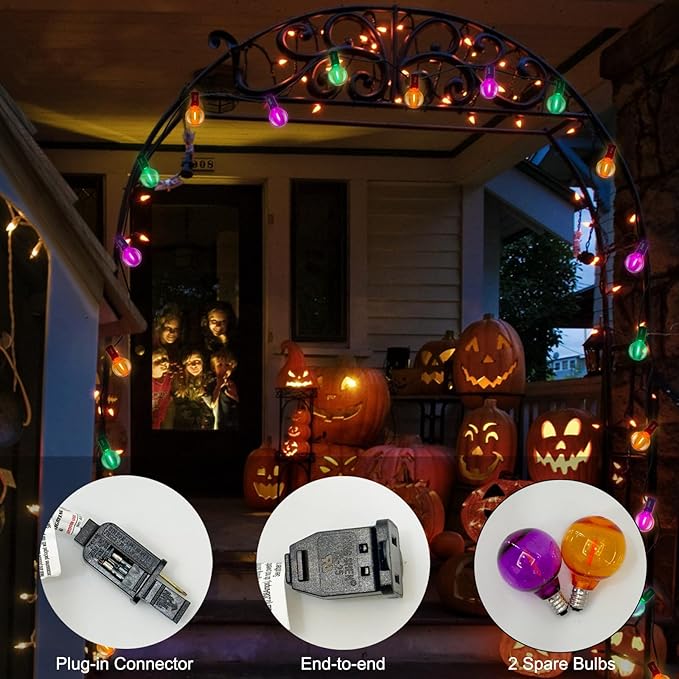 SUNSGNE 25FT Globe Outdoor Halloween String Lights G40 LED String Lights with 27 LED Shatterproof Clear Orange Green Purple Bulbs(2 Spare) for Patio Balcony Backyard Pergola Decor