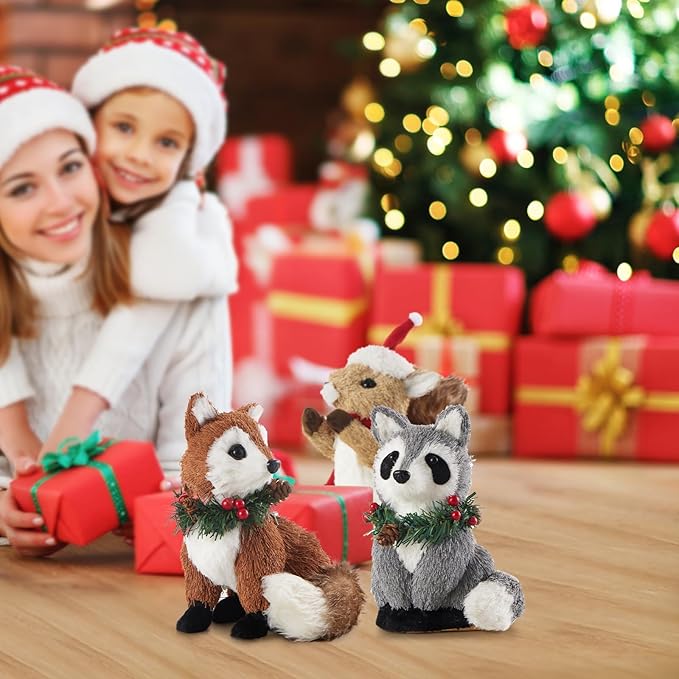 naturevibe Set of 6 Sisal Woodland Animals for Rustic Christmas Decorations, Forest Animals Figures with Holiday Accent as Christmas Table Decor or Holiday Decorations