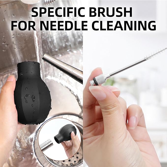 SCHVUBENR Large Turkey Baster with Cleaning Brush & Needle - Stainless Steel Baster Tool for Cooking - Easy to Use and Clean - Heavy Duty Baster Syringe - Flavor Meat Poultry, Beef, Chicken - Black