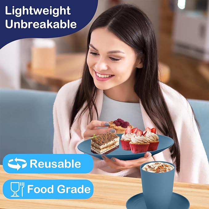 40-Piece Wheat Straw Dinnerware Sets,Unbreakable Dishes Set for 8 - Drinking Cups, Plates and Bowls Sets, Reusable Microwave Safe Dinnerware Set for Home, Outdooor, RVs - Blue