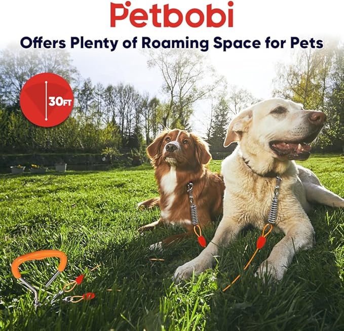 Petbobi Dog Tie-Out Cable and Stake - 30ft Heavy Duty Cable with Spring, No Tangle, 16in Ground Stake, Ideal for Yard, Camping and Beach, Suitable for Small Medium Large Dogs Up to 120 lbs, Orange