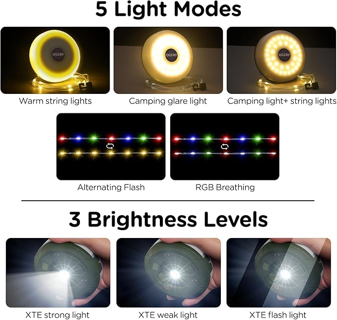 OGERY 3-Pack Camping String Lights, 2 in 1 Quick Storage 32.8FT Rechargeable Tent Lights String with 8 Lighting Modes, Hanging Waterproof Portable LED Lamp for Christmas Decor Party Bedroom Yard