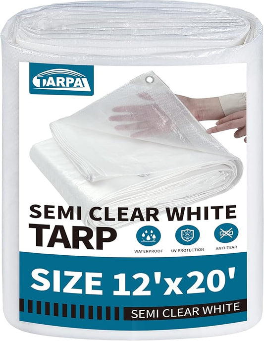 TARPAL 12'x20' Semi Clear White Tarp Waterproof Green House Cover with Grommets 7.5mil Clear Poly tarps for Gardening,Farm, Garden,Chicken Coops,Outdoor