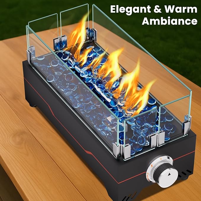 GRISUN Tabletop Fire Pit,15 Inch Propane Fire Pit Table,30000 BTU Table Top Firepit with Glass Wind Guard,Stainless Steel Burner,Fire Glass,Portable Propane fire Pit for Patio, Camping, Backyard & RV