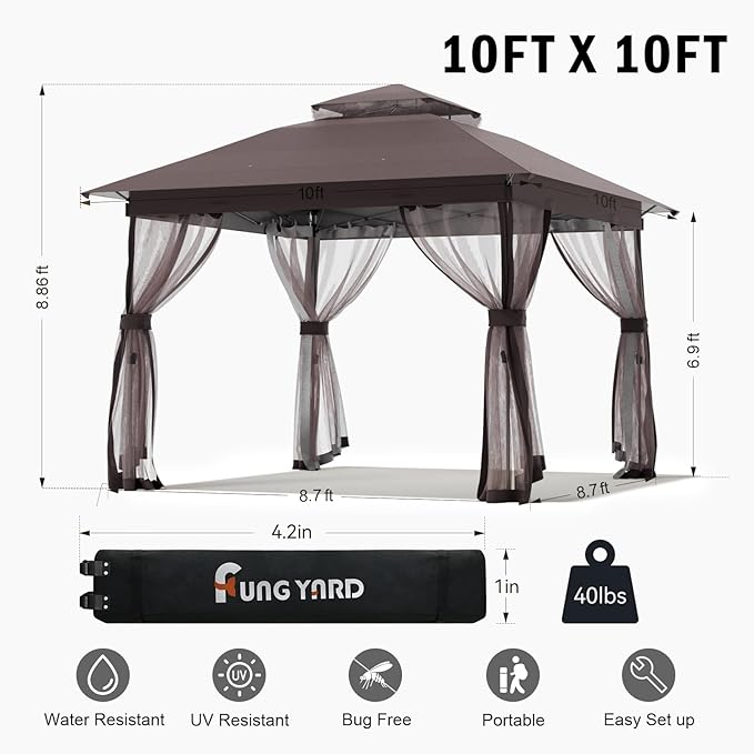 Outdoor Pop Up Gazebo 10x10 - Instant Canopy Tent with Mosquito Nettings, Double Roof Vented Gazebos Tents Shelter for Backyard Shade Party Garden Lawns (Brown, 10x10)