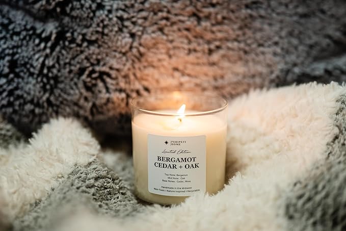 PERIPETI Home Bergamot, Cedar + Oak Scented Candle, Classic Wick โ 8.5oz Natural Soy Wax for Energizing Aromatherapy, Long-Lasting Burn