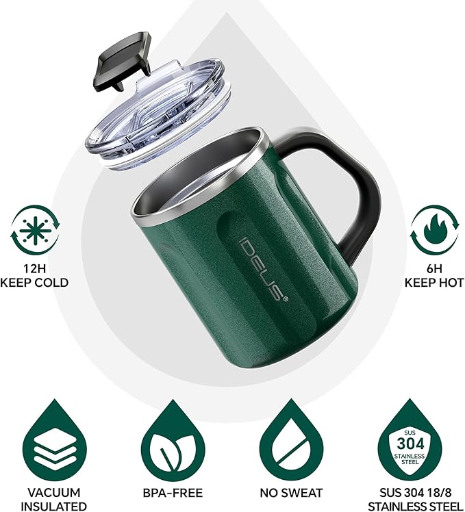 Ideus 16 oz Coffee Cup, Stainless Steel Coffee Travel Mug, Spill Proof Tea Mug with Handle and Lid, Lightweight and Durable, Great for Office Home and Outdoor Use, Deep Green