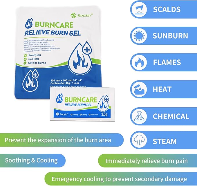 Dr.Med Burn Kit, 4pcs Burn Dressings 4x4”, 8pcs Burn Gel 3.5g, 4pcs Non-Adherent Xeroform Petrolatum Gauze, Burn First Aid Cooling Soothing Cream with Bandage, Latex Surgical Gloves, Scissors, Tape