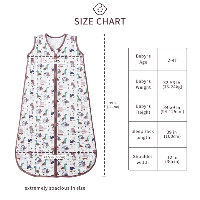 Baby Sleep Sack 2-4 T Baby Wearable Blanket 100% Organic Cotton 0.5 TOG Toddler Sleep Sacks 2- Way Zipper Soft 4 Layers 2T 3T 4T Dinosaur