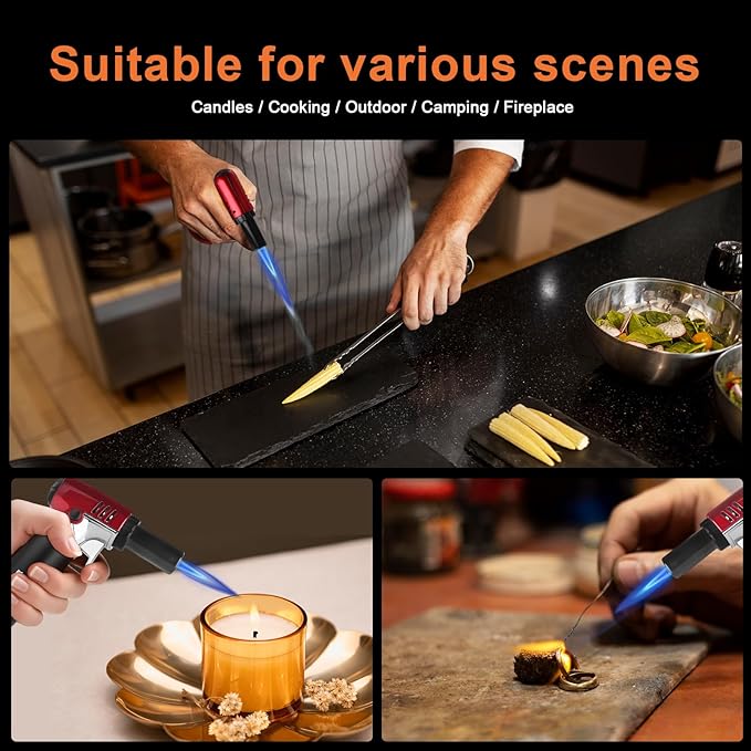 Butane Torch Lighter Refillable with Adjustable Flame Kitchen Torch for Creme Brulee Baking BBQ Cooking Soldering One Hand Operation with Fuel Window Safety Lock (Butane Gas Not Included)