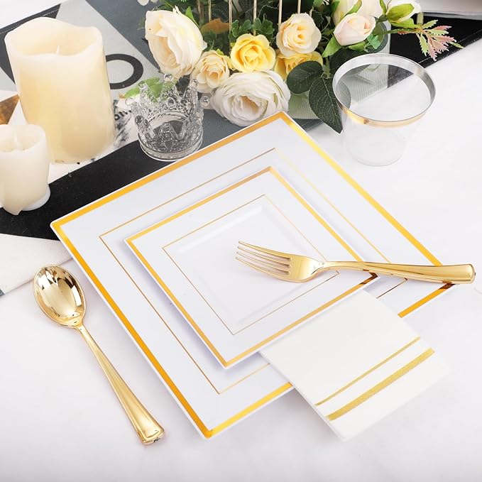 Festiva 176Pcs Gold Plates Disposable - Square Party Plates Dinnerware Sets - include Cups,Plastic Cutlery,Hand Napkins,Tablecloth for 25 Guests Party&Wedding&Christmas&Thanksgiving