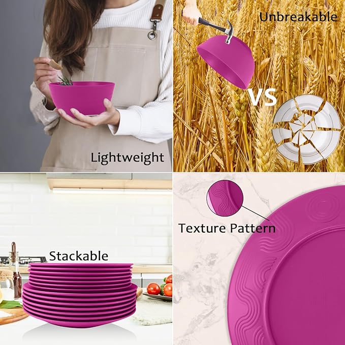 40 Pieces Wheat Straw Dinnerware Sets Service for 8, Plates and Bowls Sets, Dinner Plates, Cereal Bowls and Drinking Cups, Unbreakable and Reusable Plastic Dinnerware Sets (Pink)