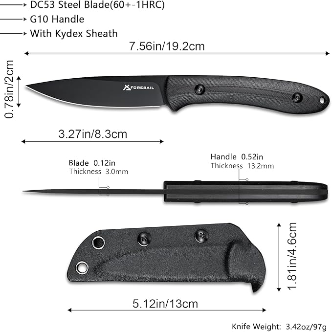 Small Fixed Blade Knife,Full Tang Design knife.3.27inch DC53 Steel Blade and G10 Handle,with Kydex Sheath,Fixed EDC Tactical Knife for Men Women,Outdoor Hiking Camping Knives