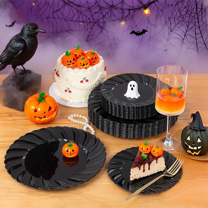 U-QE 60 Pcs Black Plastic Plates for Party – Scalloped Plastic Plates Heavy Duty – Include 30 10.25" Dinner & 30 7.25" Dessert Plate - Perfect for Halloween, Weddings & Birthdays