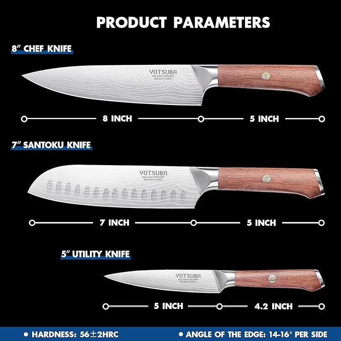 YOTSUBA Kitchen Knives Set 3 PCS, Ultra Sharp Chef Knives High Carbon Stainless Steel, for Home & Restaurant Use, With Smooth Ergonomic Handle and Stylish Premium Gift Box for Meat Slicing& Vegetables