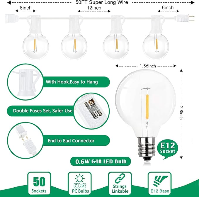 Abeja 50FT G40 LED Globe String Lights, Outdoor Patio String Lights with 50+2 Dimmable Shatterproof Bulbs, Backyard Outdoor Hanging Lights, Bistro Waterproof for Balcony Party Wedding, White Wire