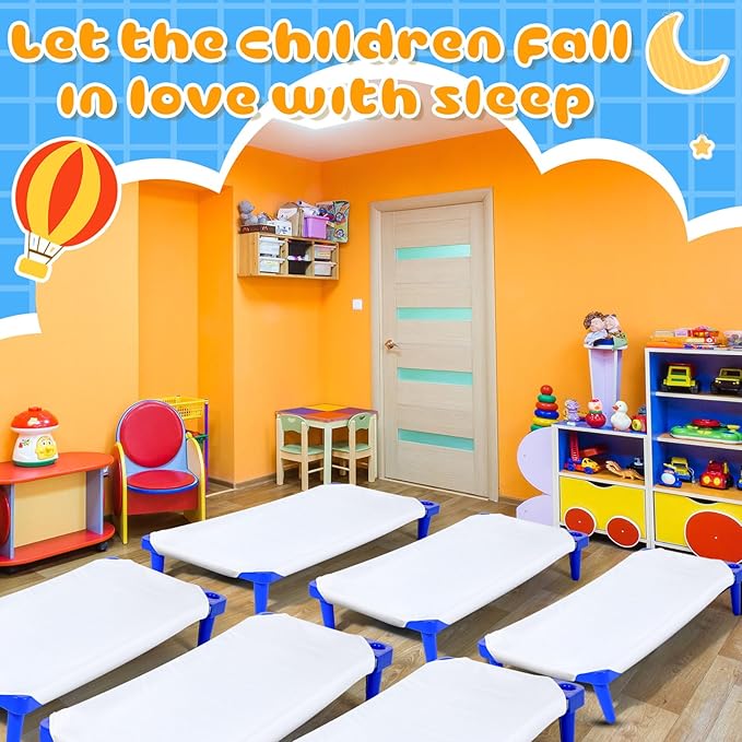12 Pcs Stackable Daycare Cots for Kids with Sheets 54 l x 23 W T Kids Cots Furniture Bed Frames Headboards Footboards for Sleeping and Daycare (Blue)