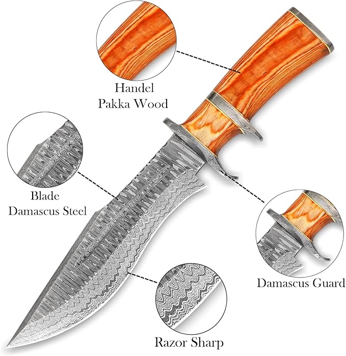 NOORAKI - 15″ Damascus Bowie Knife with Sheath | Hand Made Hunting Knife - Fixed Blade Long Bowie Knives - Ideal for Survival ,Chopping, Camping, Outdoor Gift for Men |Tactical Knife Wood Handle (Brown)