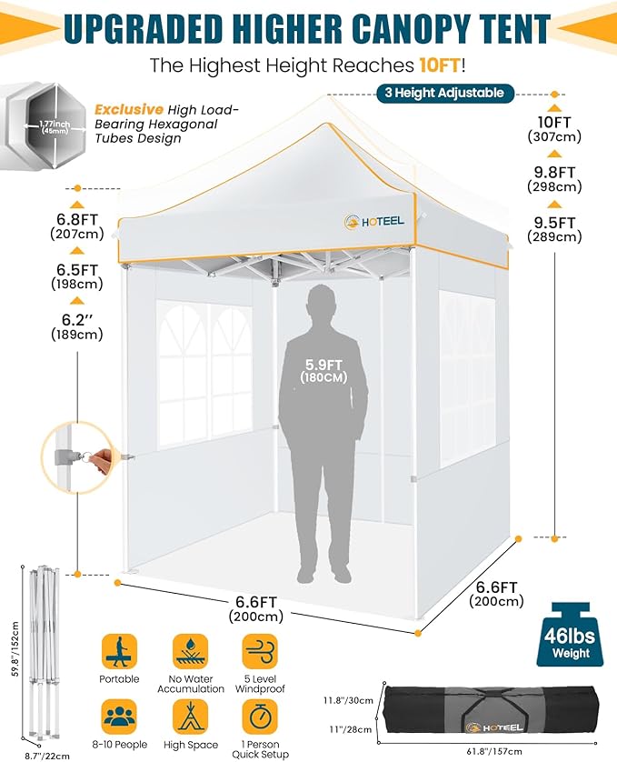 HOTEEL 6.6x6.6 Heavy Duty Pop Up Canopy Tent for Parties Event Wedding Commercial Instant Canopy with Carry Bag, Party Tent Waterproof UV 50+, Upgraded Thick Hexagonal Legs,White