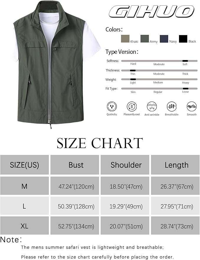 Gihuo Mens Casual Lightweight Travel Vest Summer Utility Safari Vest Sleeveless Jackets for Travel Hiking Fishing