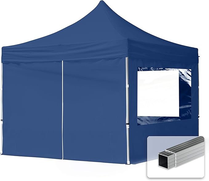 10x10 ft PES 700 Pop up Canopy Tent Economy Aluminium 1.3 in., incl. 4 Sidewalls with Panorama Windows, Dark Blue